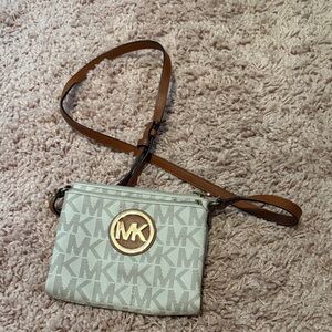Michael Kors Monogram Crossbody Bag in White and Tan